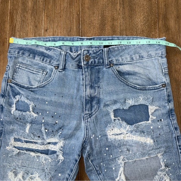 Smoke Rise Denim Shorts Distressed Patched Paint Splatters Blue - Picture 4 of 8